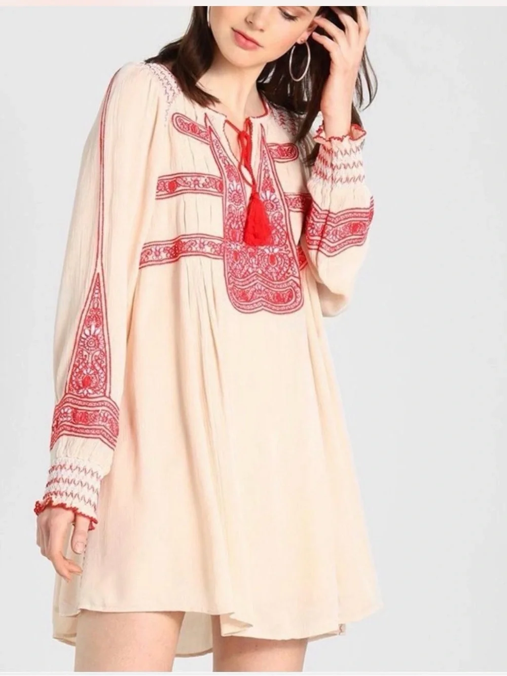 Free People Cream Boho Mini Dress with Red Embroidery